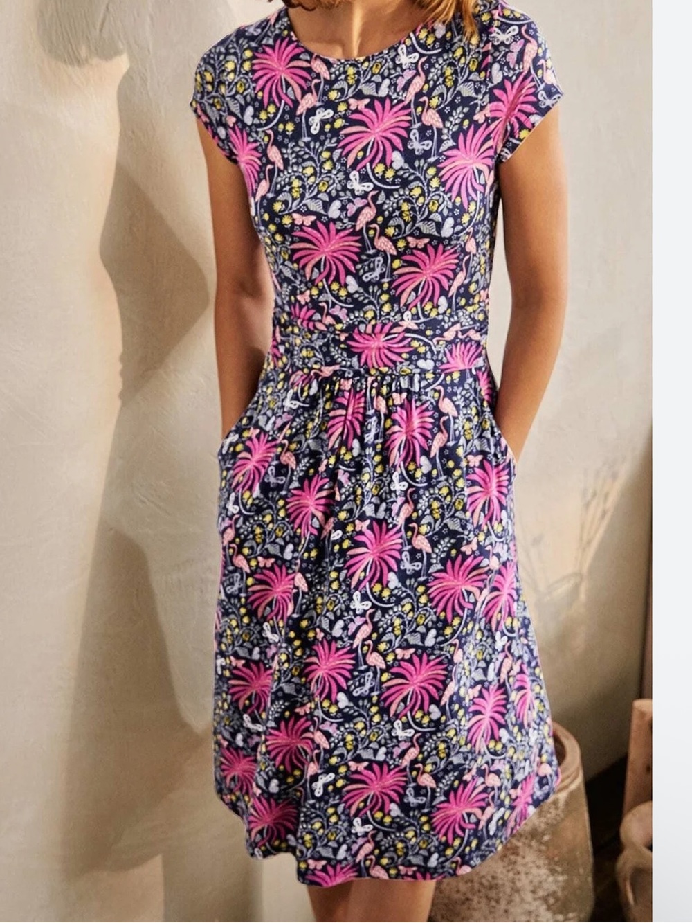 Boden Amelie Navy Floral Pink Tropical Print Fit & Flare Dress